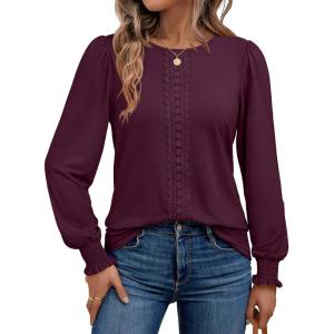 AUTOMET Long Sleeve Shirts for Women Business Dressy Casual Tops Work Blouses Pleated Tunics(Wine)