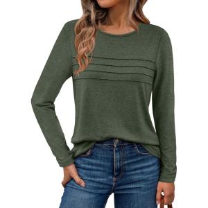 AUTOMET Long Sleeve Shirts for Women Pleated Dressy Casual Business Blouses Trendy Fashion Tunic Basic Tops(Army Green)
