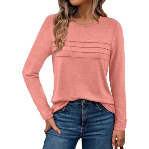 AUTOMET Long Sleeve Shirts for Women Pleated Dressy Casual Business Blouses Trendy Fashion Tunic Basic Tops(Coral)