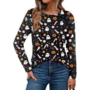 AUTOMET Long Sleeve Shirts for Women Pleated Dressy Casual Business Blouses Trendy Fashion Tunic Basic Tops(Halloween Print)