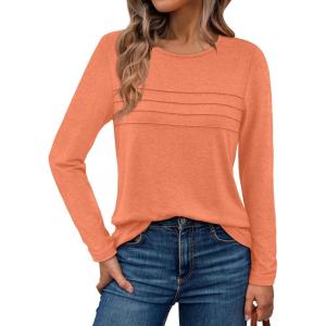 AUTOMET Long Sleeve Shirts for Women Pleated Dressy Casual Business Blouses Trendy Fashion Tunic Basic Tops(Orange)