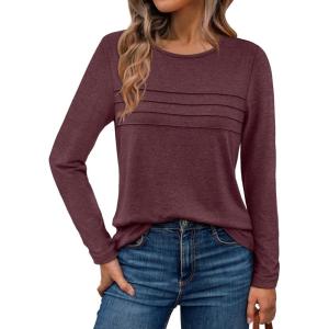 AUTOMET Long Sleeve Shirts for Women Pleated Dressy Casual Business Blouses Trendy Fashion Tunic Basic Tops(Wine)