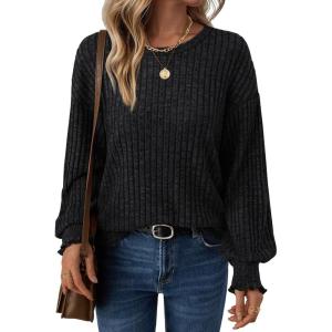 AUTOMET Long Sleeve Shirts for Women Tops Fall Fashion Outfits 2025 Crewneck Sweaters Trendy Blouse Dressy Casual(Black)