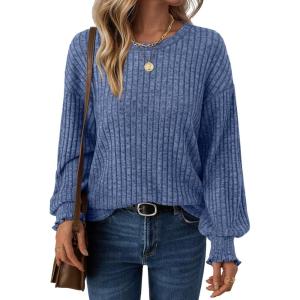 AUTOMET Long Sleeve Shirts for Women Tops Fall Fashion Outfits 2025 Crewneck Sweaters Trendy Blouse Dressy Casual(Blue)