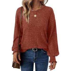 AUTOMET Long Sleeve Shirts for Women Tops Fall Fashion Outfits 2025 Crewneck Sweaters Trendy Blouse Dressy Casual(Caramel)