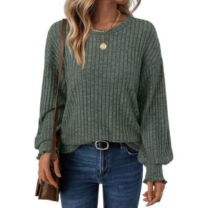 AUTOMET Long Sleeve Shirts for Women Tops Fall Fashion Outfits 2025 Crewneck Sweaters Trendy Blouse Dressy Casual(Green)