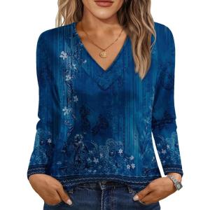 AUTOMET Long Sleeve Shirts for Women Tops V Neck Casual Top Comfortable Shirt Soft Basic Tees Women Blouses(Blue-print)