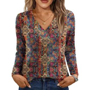 AUTOMET Long Sleeve Shirts for Women Tops V Neck Casual Top Comfortable Shirt Soft Basic Tees Women Blouses(Boho-print1)