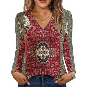 AUTOMET Long Sleeve Shirts for Women Tops V Neck Casual Top Comfortable Shirt Soft Basic Tees Women Blouses(Boho-print4)