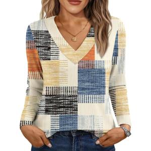 AUTOMET Long Sleeve Shirts for Women Tops V Neck Casual Top Comfortable Shirt Soft Basic Tees Women Blouses(Colorful-lines)