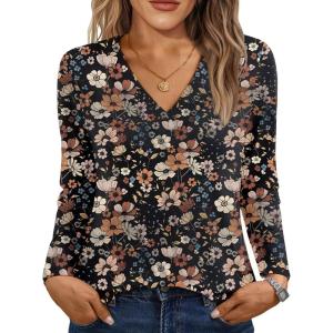 AUTOMET Long Sleeve Shirts for Women Tops V Neck Casual Top Comfortable Shirt Soft Basic Tees Women Blouses(Floral)