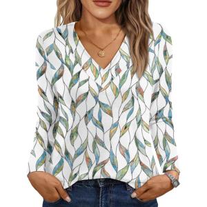 AUTOMET Long Sleeve Shirts for Women Tops V Neck Casual Top Comfortable Shirt Soft Basic Tees Women Blouses(Leaf-print)