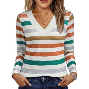 AUTOMET Long Sleeve Shirts for Women Tops V Neck Casual Top Comfortable Shirt Soft Basic Tees Women Blouses(Striped)