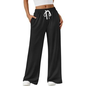 AUTOMET Lounge Pants Women Wide Leg Casual Sweatpants Baggy Workout Sweat Pajamas Pants Fall Fashion Outfits with Pockets(Black)
