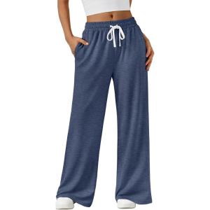 AUTOMET Lounge Pants Women Wide Leg Casual Sweatpants Baggy Workout Sweat Pajamas Pants Fall Fashion Outfits with Pockets(Navy)