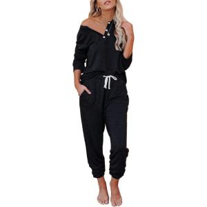 AUTOMET Lounge Sets for Women Comfy 2 Piece Pajamas Sets Fall Loungewear Pjs Outfits Sweatsuits with Sweatpants 2025(Black)