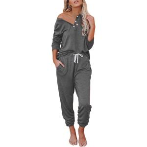 AUTOMET Lounge Sets for Women Comfy 2 Piece Pajamas Sets Fall Loungewear Pjs Outfits Sweatsuits with Sweatpants 2025(Black Grey)