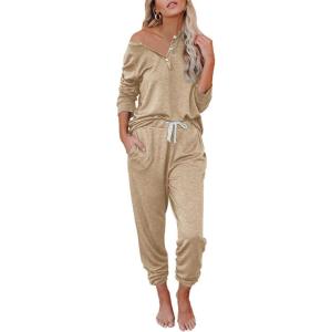 AUTOMET Lounge Sets for Women Comfy 2 Piece Pajamas Sets Fall Loungewear Pjs Outfits Sweatsuits with Sweatpants 2025(Light Khaki)