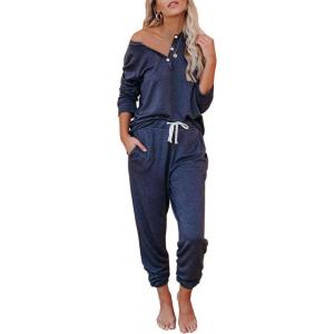 AUTOMET Lounge Sets for Women Comfy 2 Piece Pajamas Sets Fall Loungewear Pjs Outfits Sweatsuits with Sweatpants 2025(Navy Blue)