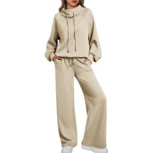 AUTOMET Lounge Sets for Women Sweatsuits 2 Piece Outfits 2025 Fall Drawstring Sweatshirt Wide Leg Sweatpants Tracksuit(Apricot)