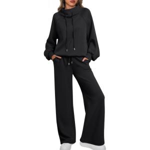 AUTOMET Lounge Sets for Women Sweatsuits 2 Piece Outfits 2025 Fall Drawstring Sweatshirt Wide Leg Sweatpants Tracksuit(Black)