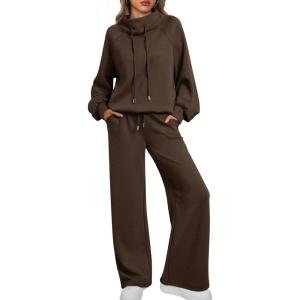 AUTOMET Lounge Sets for Women Sweatsuits 2 Piece Outfits 2025 Fall Drawstring Sweatshirt Wide Leg Sweatpants Tracksuit(Coffee)