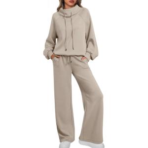 AUTOMET Lounge Sets for Women Sweatsuits 2 Piece Outfits 2025 Fall Drawstring Sweatshirt Wide Leg Sweatpants Tracksuit(Coffeegrey)