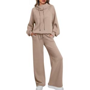 AUTOMET Lounge Sets for Women Sweatsuits 2 Piece Outfits 2025 Fall Drawstring Sweatshirt Wide Leg Sweatpants Tracksuit(Khaki)