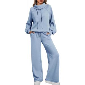 AUTOMET Lounge Sets for Women Sweatsuits 2 Piece Outfits 2025 Fall Drawstring Sweatshirt Wide Leg Sweatpants Tracksuit(Lightblue)