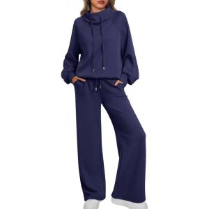 AUTOMET Lounge Sets for Women Sweatsuits 2 Piece Outfits 2025 Fall Drawstring Sweatshirt Wide Leg Sweatpants Tracksuit(Navyblue)