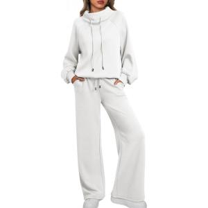 AUTOMET Lounge Sets for Women Sweatsuits 2 Piece Outfits 2025 Fall Drawstring Sweatshirt Wide Leg Sweatpants Tracksuit(White)