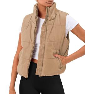 AUTOMET Puffer Vest Women Sleeveless Winter Clothing Cropped Outerwear Warm Puffy Fall Outfits Spring Fashion Vest Tops 2025(Khaki)