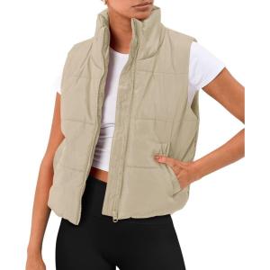 AUTOMET Puffer Vest Women Sleeveless Winter Clothing Cropped Outerwear Warm Puffy Fall Outfits Spring Fashion Vest Tops 2025(Light Khaki)