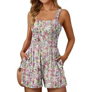 AUTOMET Rompers for Women Summer Vacation Beach Outfits Casual Loose Square Neck Shorts Jumpsuits Overalls 2025 Resort Wear(Pink)