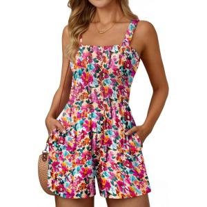 AUTOMET Rompers for Women Summer Vacation Beach Outfits Casual Loose Square Neck Shorts Jumpsuits Overalls 2025 Resort Wear(Rose)