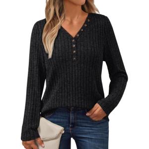 AUTOMET Sweater for Women Long Sleeve Henley Shirts Dressy Casual Tunic Tops Deep V Neck Sweaters Fall Outfits 2025(Black)