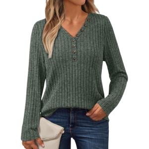 AUTOMET Sweater for Women Long Sleeve Henley Shirts Dressy Casual Tunic Tops Deep V Neck Sweaters Fall Outfits 2025(Green)