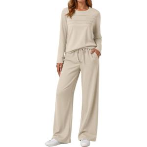 AUTOMET Sweatsuits Women 2 Piece Outfit Fall Airport Lounge Sweat Sets With Wide Leg Pants Track Fashion Suits 2025(Beige)