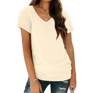 AUTOMET T-Shirts Short Sleeve V Neck Tees Tops for Women Fashion Trendy Lightweight Soft Casual Summer Outfits Clothes 2025(Cream)