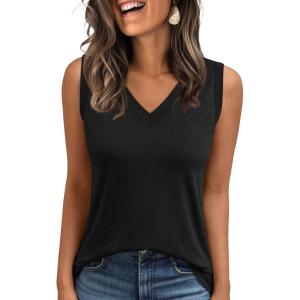 AUTOMET Tank Top Women Summer 2025 Casual Spring V Neck Sleeveless Tee Shirt Basic Trendy Beach Vacation Outfits Clothes(Black)
