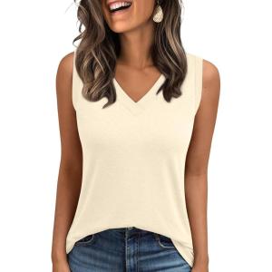 AUTOMET Tank Top Women Summer 2025 Casual Spring V Neck Sleeveless Tee Shirt Basic Trendy Beach Vacation Outfits Clothes(Cream)