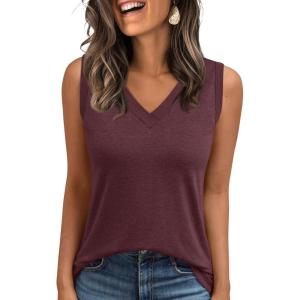 AUTOMET Tank Top Women Summer 2025 Casual Spring V Neck Sleeveless Tee Shirt Basic Trendy Beach Vacation Outfits Clothes(Wine Red)
