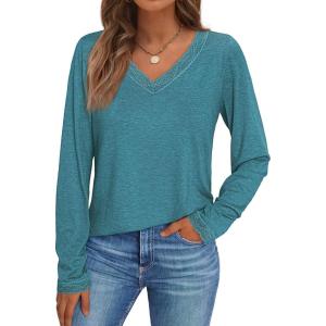 AUTOMET V Neck T Shirts for Women Lace Long Sleeve Cute Tops Fall Winter Dressy Business Casual Blouses Trendy Basic Tees(Bluegreen)