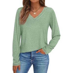 AUTOMET V Neck T Shirts for Women Lace Long Sleeve Cute Tops Fall Winter Dressy Business Casual Blouses Trendy Basic Tees(Lightgreen)