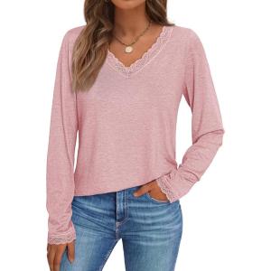 AUTOMET V Neck T Shirts for Women Lace Long Sleeve Cute Tops Fall Winter Dressy Business Casual Blouses Trendy Basic Tees(Pink)