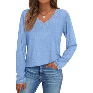 AUTOMET V Neck T Shirts for Women Lace Long Sleeve Cute Tops Fall Winter Dressy Business Casual Blouses Trendy Basic Tees(Skyblue)