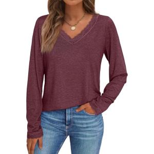 AUTOMET V Neck T Shirts for Women Lace Long Sleeve Cute Tops Fall Winter Dressy Business Casual Blouses Trendy Basic Tees(Winered)