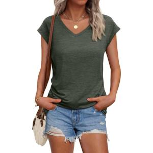 AUTOMET V Neck T Shirts for Women Spring Summer Fall Tops Teacher Work Business Dressy Casual Blouses Basic Tees Boho Fashion(Armygreen)