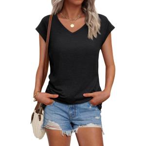 AUTOMET V Neck T Shirts for Women Spring Summer Fall Tops Teacher Work Business Dressy Casual Blouses Basic Tees Boho Fashion(Black)