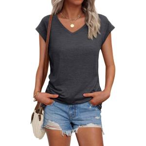 AUTOMET V Neck T Shirts for Women Spring Summer Fall Tops Teacher Work Business Dressy Casual Blouses Basic Tees Boho Fashion(Blackgrey)